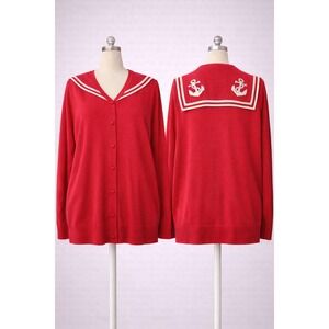 Retro Chic Red Sailor Cardigan Button Anchor Embroidered Sweater Size 12 14 1